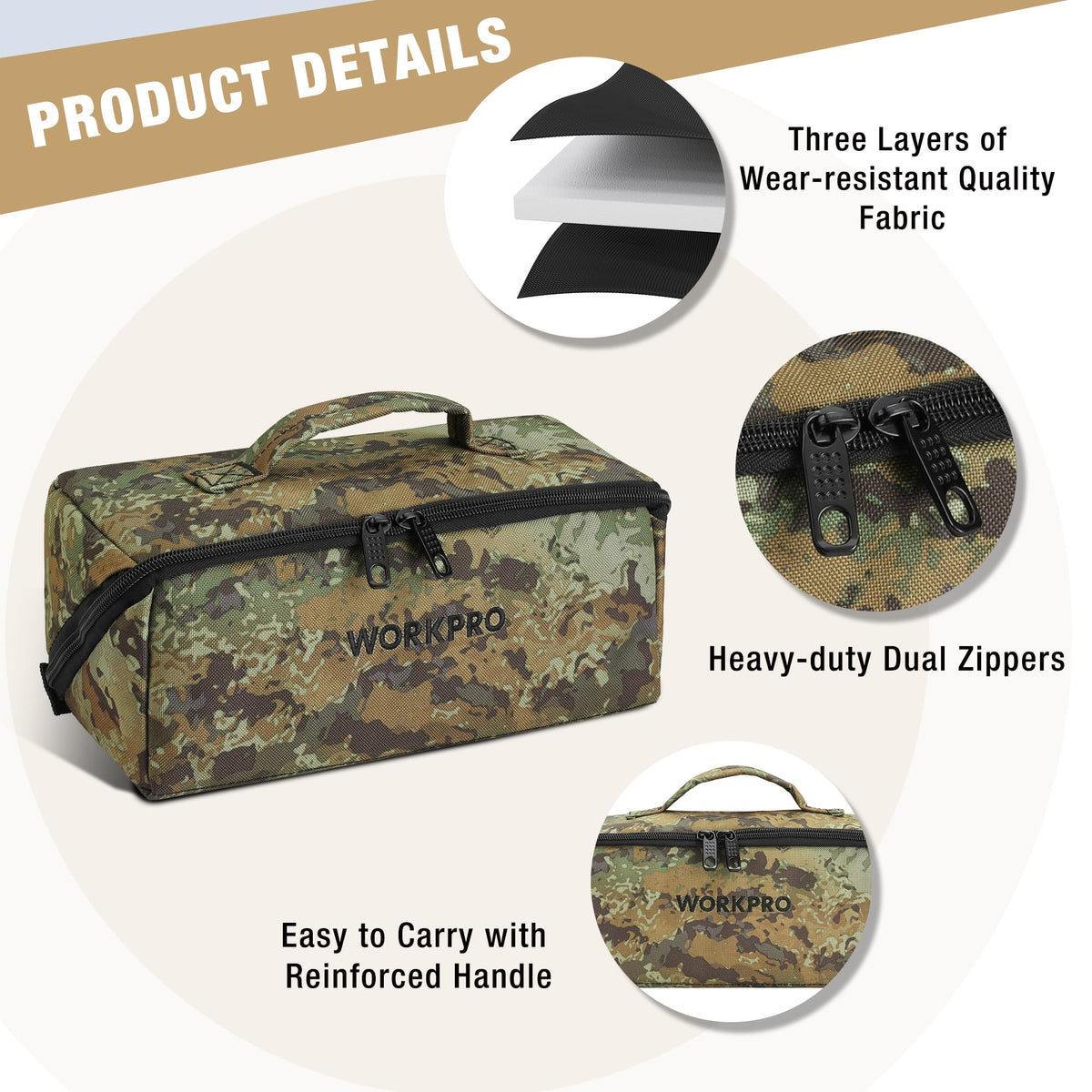 WORKPRO Tool Bag with Zipper, 10" Utility Wide Mouth Heavy Duty Tool Storage Bag, Multipurpose Zipper Tool Pouch Tote Bag for Organizer 3-pack, Camo