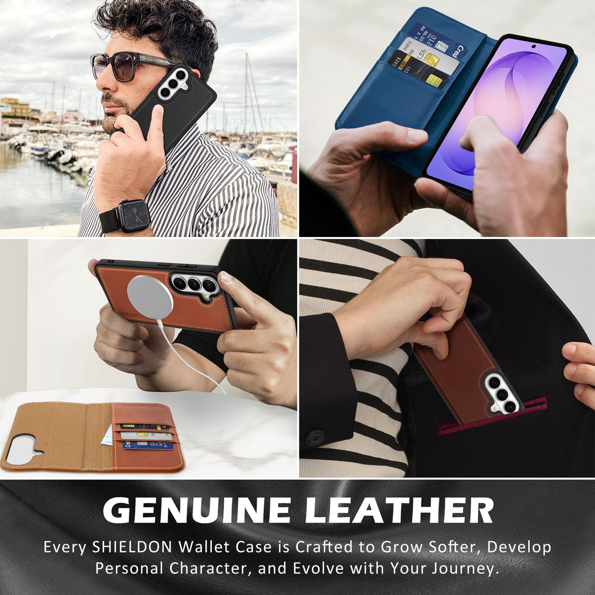 SHIELDON Detachable Wallet Case for Galaxy S26 6.3-inch, Genuine Leather, 2-in-1, Wireless Charging, Magnetic Closure, RFID Blocking Credit Card Slot, Kickstand, Full Protective Cover - Retro Brown