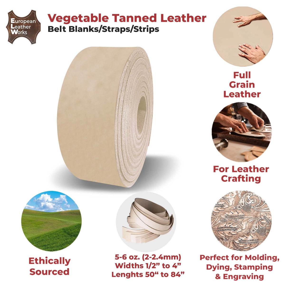 ELW Leather Blank Belt | 5-6 Oz. (2-2.4mm) Thickness | Size: 1-1/2"x60" (3.81x152cm) | Cowhide Vegetable Tanned | Full Grain Strip, Strap | Ideal for DIY Belts for Tooling, Crafting, Stamping, Dyeing