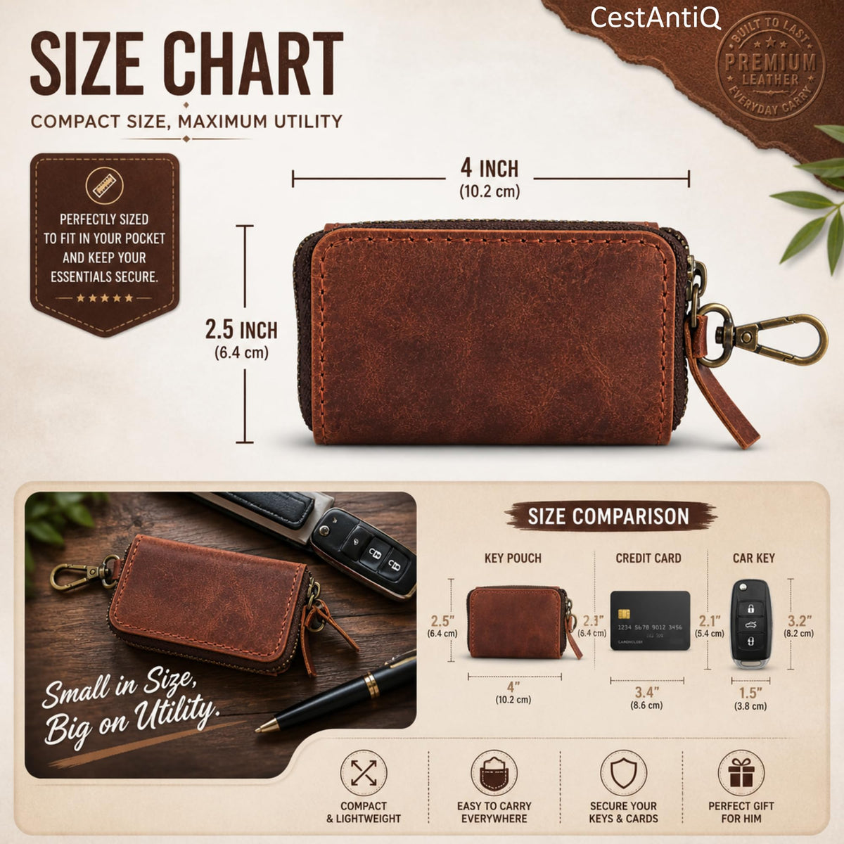 Handmade Full Grain Leather Car Key Holder & Zippered Coin Purse | Belt Loop Key Chain, Compact Earphone Holder Multi-Functional Money Purse Elegant Leather Accessory Versatile Key Organizer (Black)