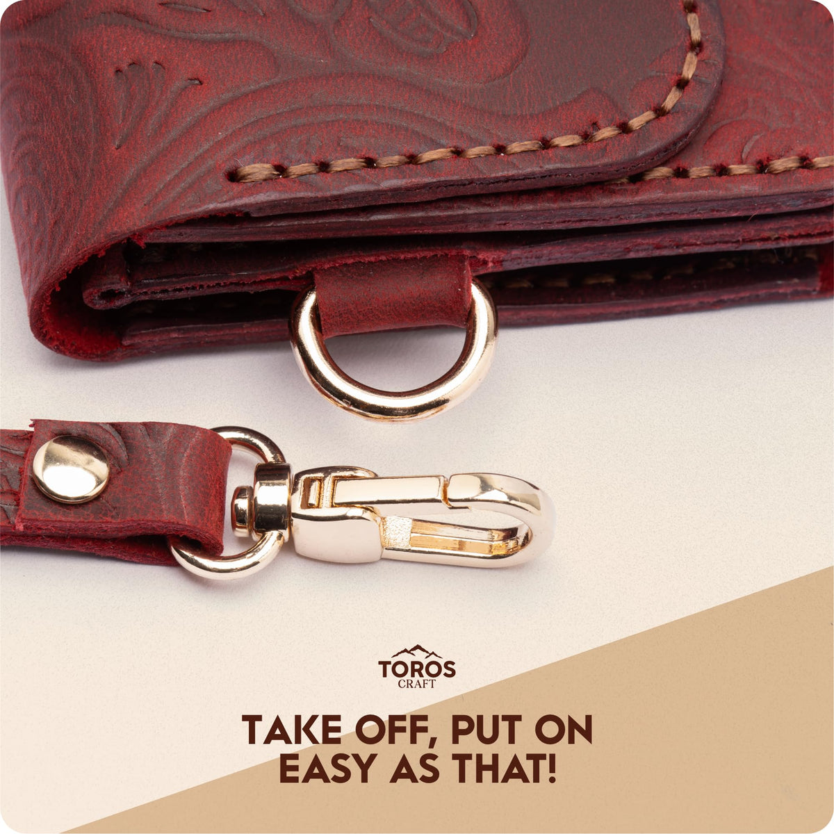 Toros Craft Handmade Wristlet Wallets for Women, Western Leather Small Credit Card Holder with Zipper, Minimalist & Cute Coin Pouch, Genuine Leather, Red
