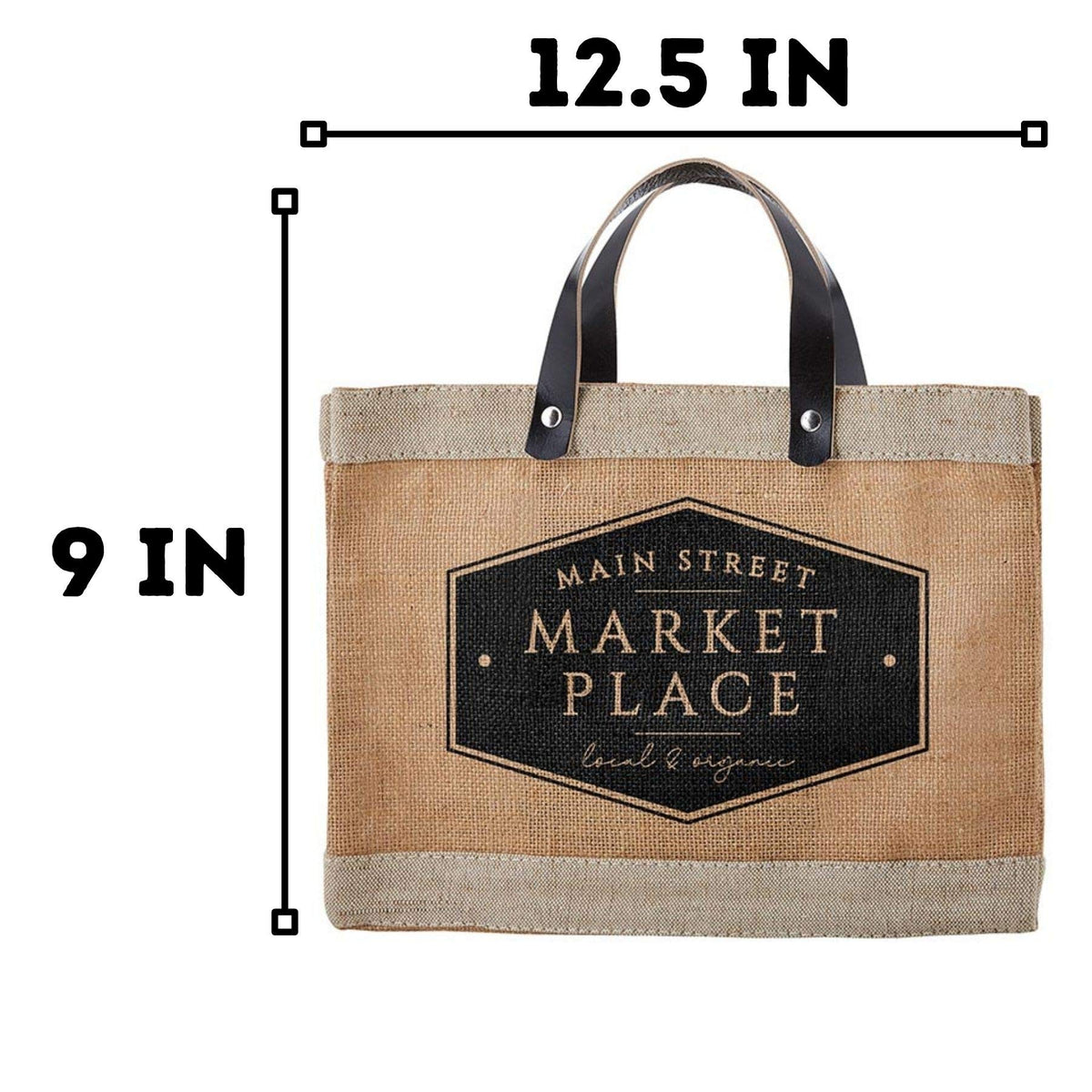 Santa Barbara Design Studio Main Street Farmers Market Tote, Reusable Burlap Grocery Bag with Leather Handle, Purse for Beach or Picnics, Food Lovers Gift Idea, 12.5 x 9.5 Inches