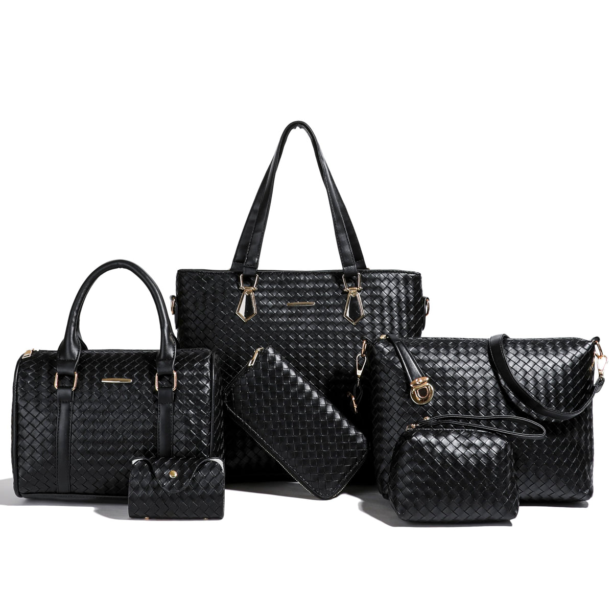 OTMIPIML Purses and Handbags for Women Synthetic Leather Tote Crossbody Bags Satchel Purses Set 6pcs (4A-Black-woven)