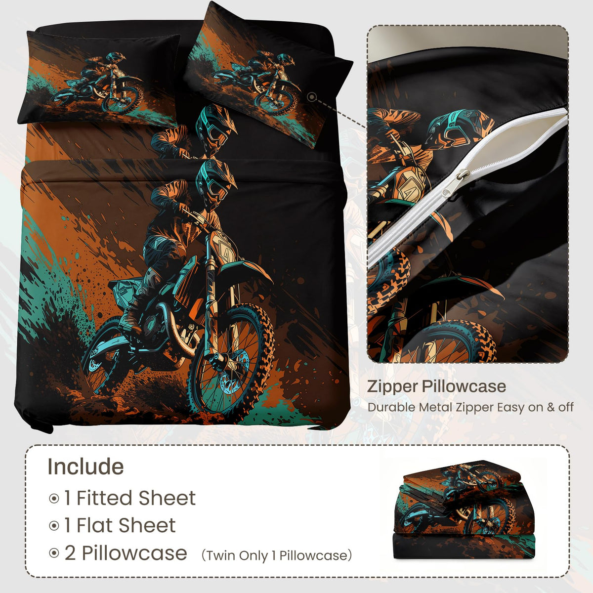 Dirt Bike Queen Sheet Set 4 Pcs Motocross Bed Sheets, Orange