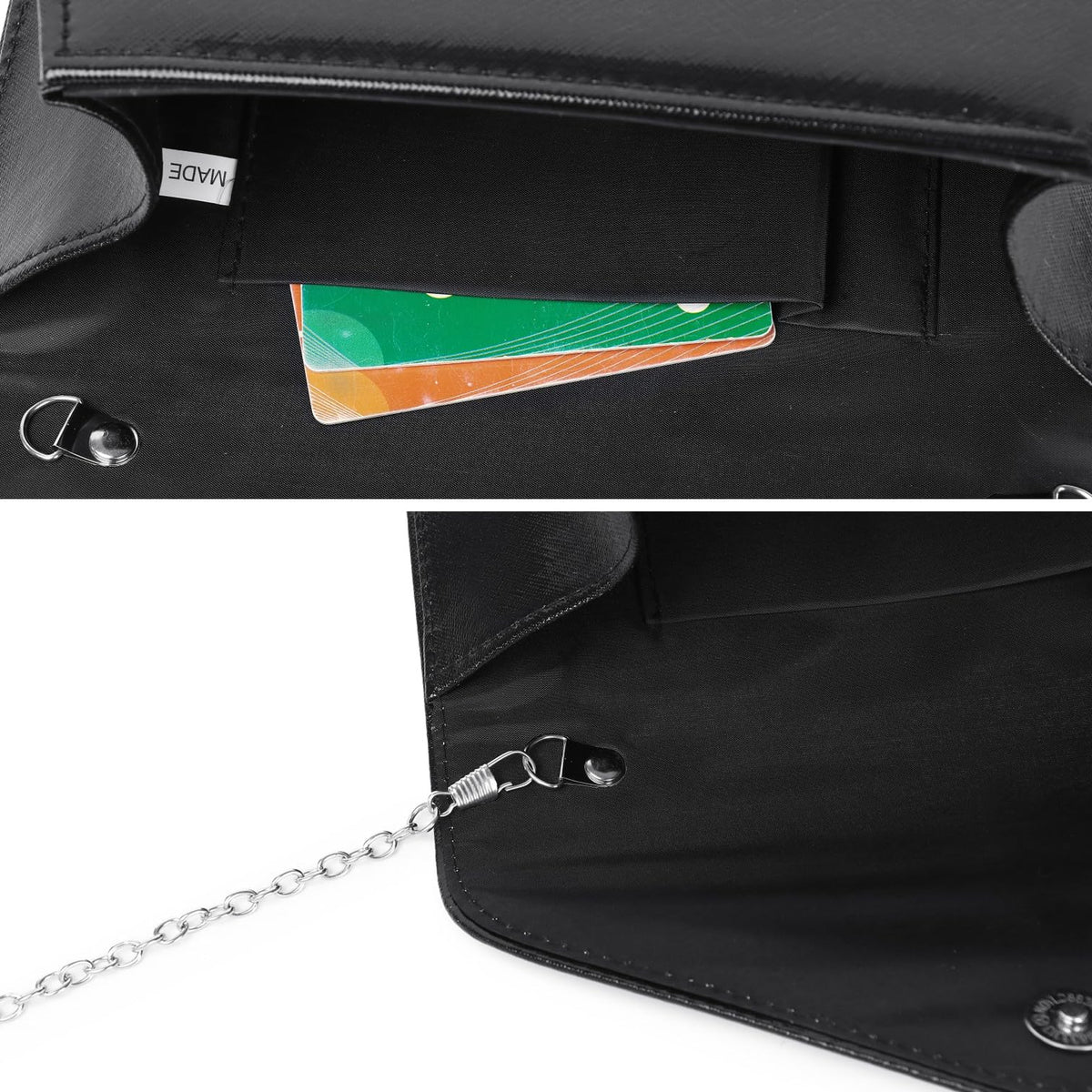 Gurina Evening Clutch Purse for Women with Bow Detail, Elegant PU Leather Shiny Party Bag with Detachable Chain Wedding Prom Handbag (Black L70)