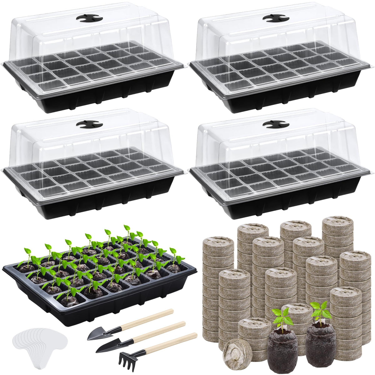 Hahood 4 Sets Seed Starter Tray Kit Germination Starter Tray with Humidity Dome and Base Include 100 Peat Pellets 100 Plant Labels Garden Tools Plastic Plant Growing Trays for Greenhouse Garden, Black