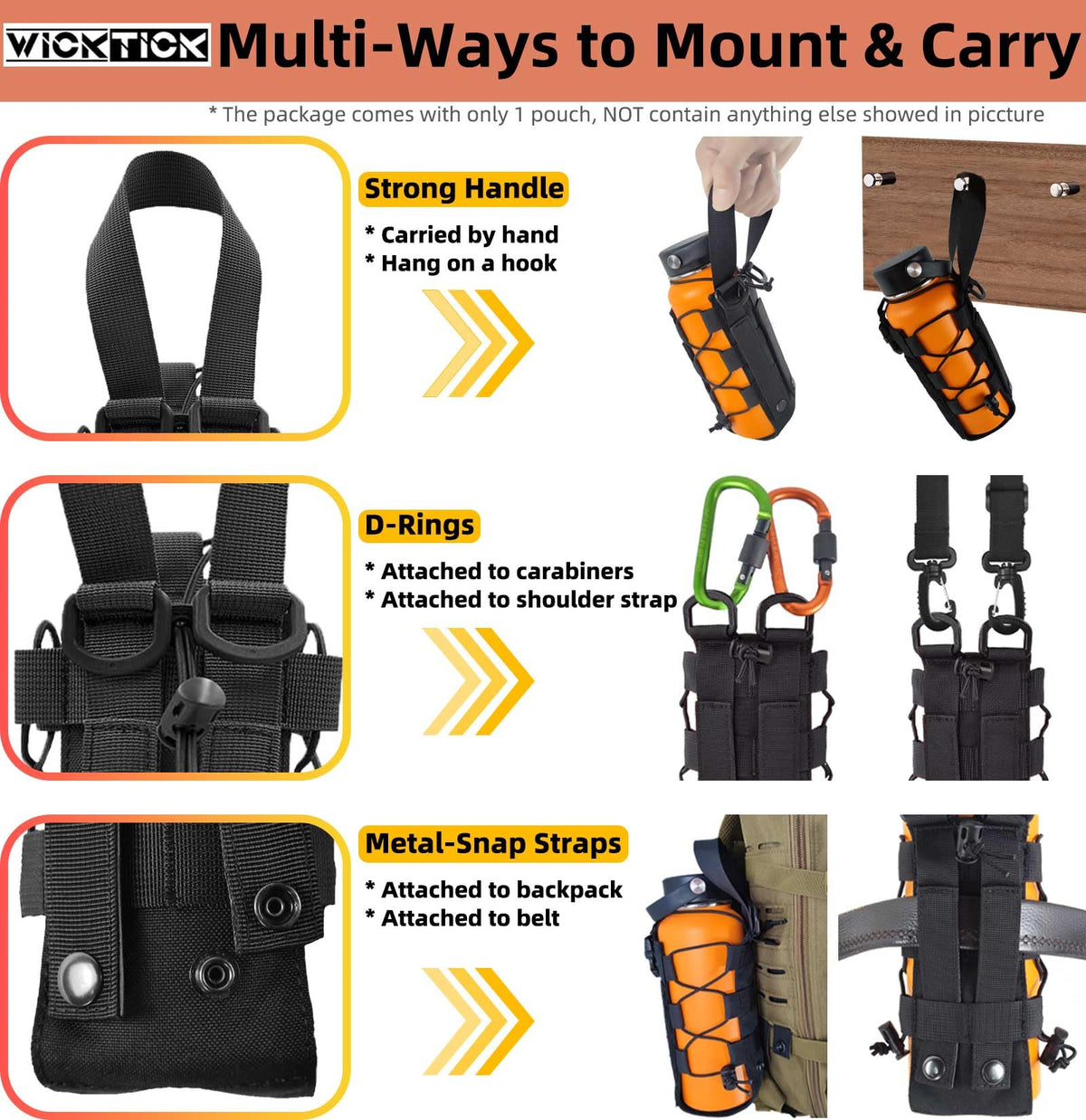 WICKTICK Molle Water Bottle Holder Pouch 16 24 32 40 64 oz - Multi-Purpose Tactical Fuel Bottle Bag, Adjustable Size for Outdoor Activities, Adapted to Backpack/Vest/Belt (Brown, Classic)