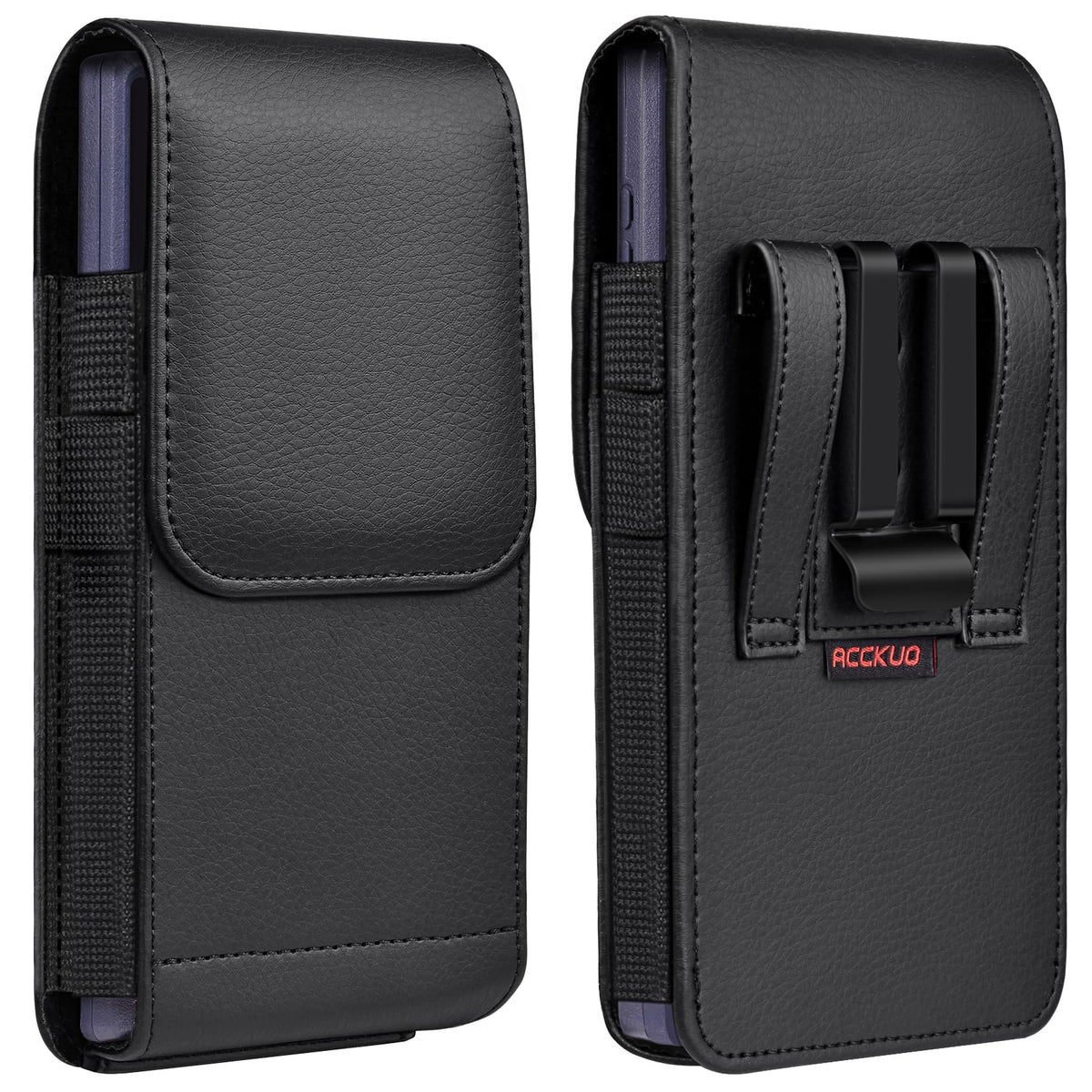 ACCKUO Leather Phone Holster with Strong Metal Belt Clip and Magnetic Closure Compatible with iPhone 16/15/14/13/12 Pro Max, Galaxy S25/S24/S23/S22 Plus & FE, L-Black