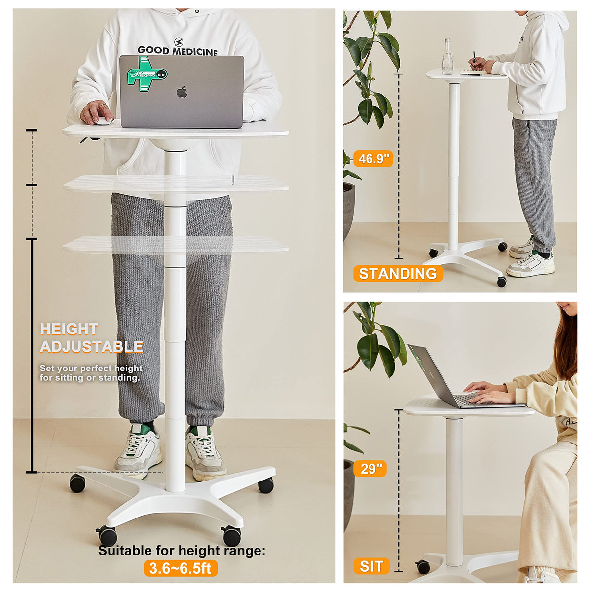 HAOOAH 47" Mobile Standing Desk(26" W*19.3" D), Adjustable Height Laptop Desk, Pneumatic Desk with Gas Spring Riser, Podium for Home, Office，Classroom，Medical, (29" to 46.9" H) (White)