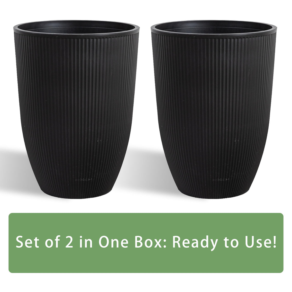 Casaphoria 2-Pack 23" Tall Planters for Outdoor Plants, 17" Large Plastic Flower Pots with Drainage, Lightweight Antique Shape Planters for Front Porch, Patio, Deck (Black)