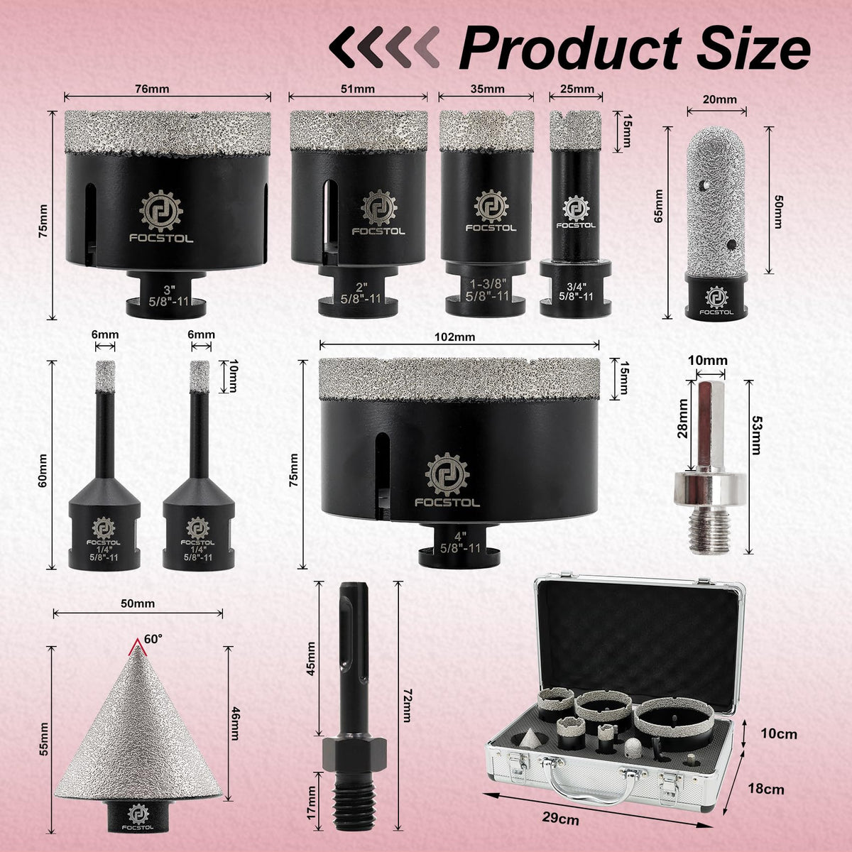 Diamond Core Drill Bit Set - FOCSTOL 11pcs (6/6/19/35/51/76/102mm+20mm Finger Milling Bit+50mm Beveling Chamfer Bit+Hex+SDS) Diamond Hole Saw Kit for Porcelain Ceramic Tile Marble Granite