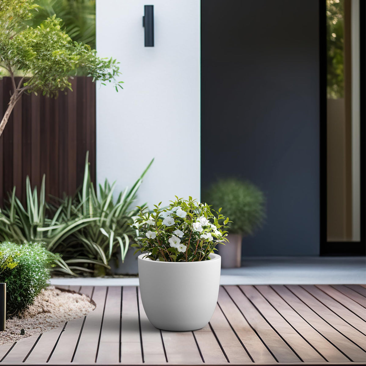 Kante 14 Inch Dia Round Concrete Planter, Indoor Outdoor Large Plant Pot with Drainage Hole and Rubber Plug for Home Patio Garden, Pure White