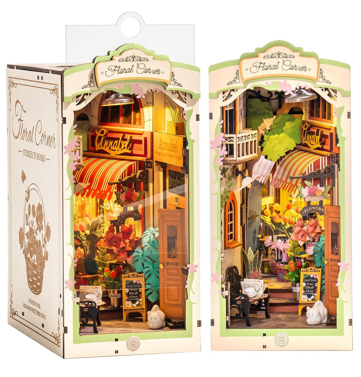Rolife DIY Book Nook Kits for Adults, Miniature Dollhouse Booknook Kit for Home Room Decor, 3D Wooden Puzzle with LED, Flower Corner Creative Bookends Bookshelf Diorama Insert