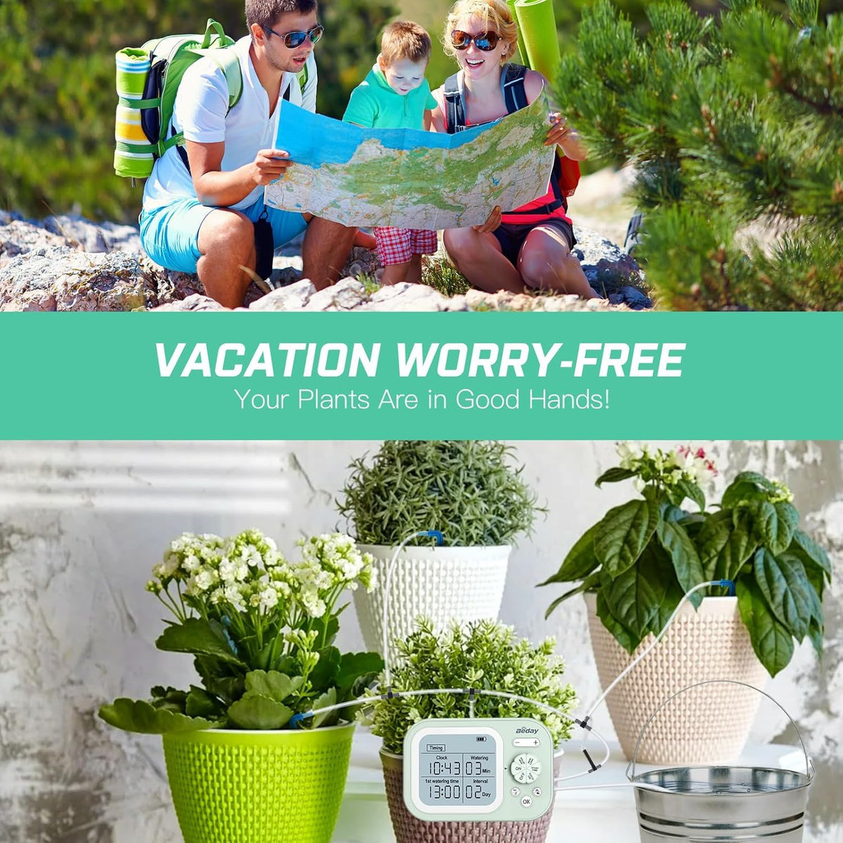 Automatic Plant Waterer Indoor Self Watering System for 15 Potted Plants, Auto Drip Irrigation Kit Programmable Water Timer with Smart Humidity Detection, Green