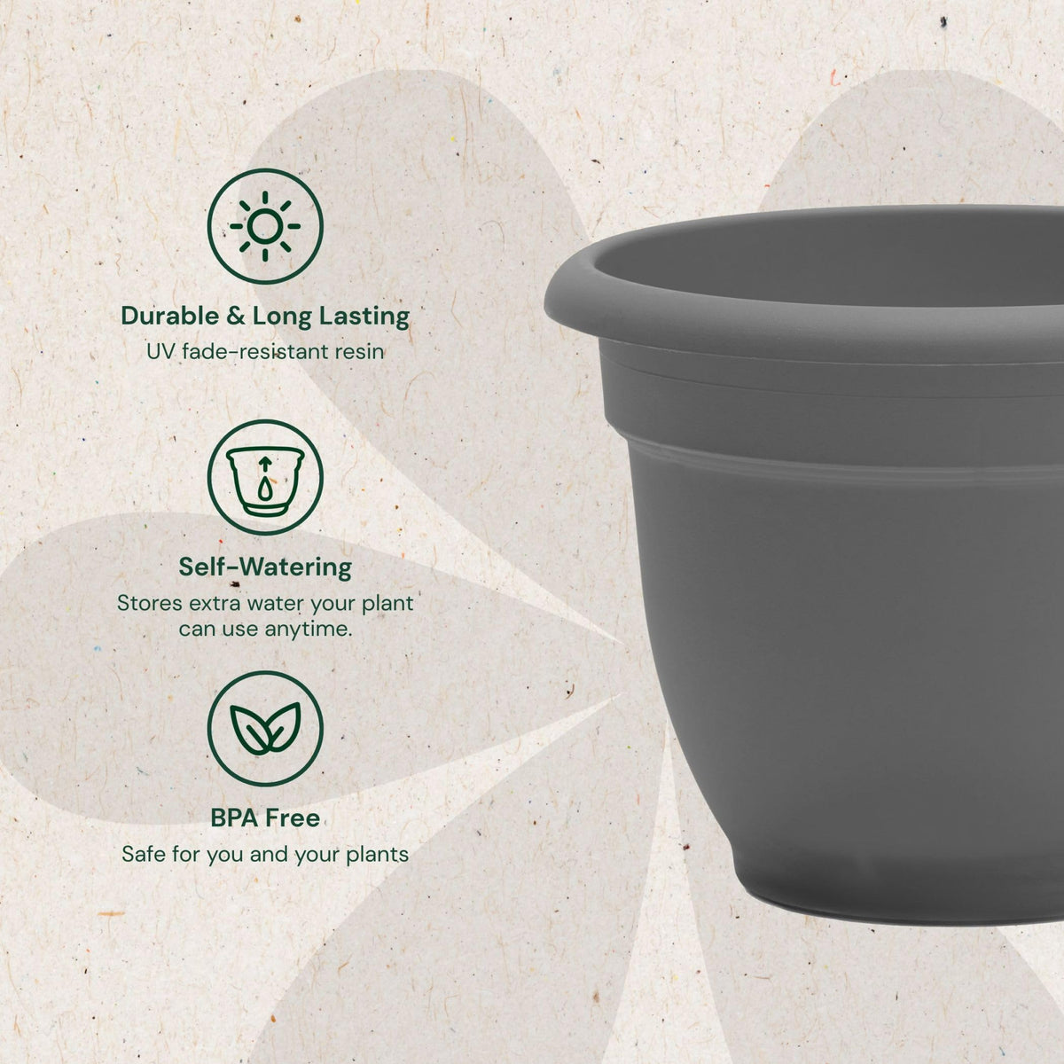 Bloem Ariana 12" Self-Watering Plastic Planter - Rolled Rim Indoor/Outdoor Garden Pot, Charcoal, 2-Pack