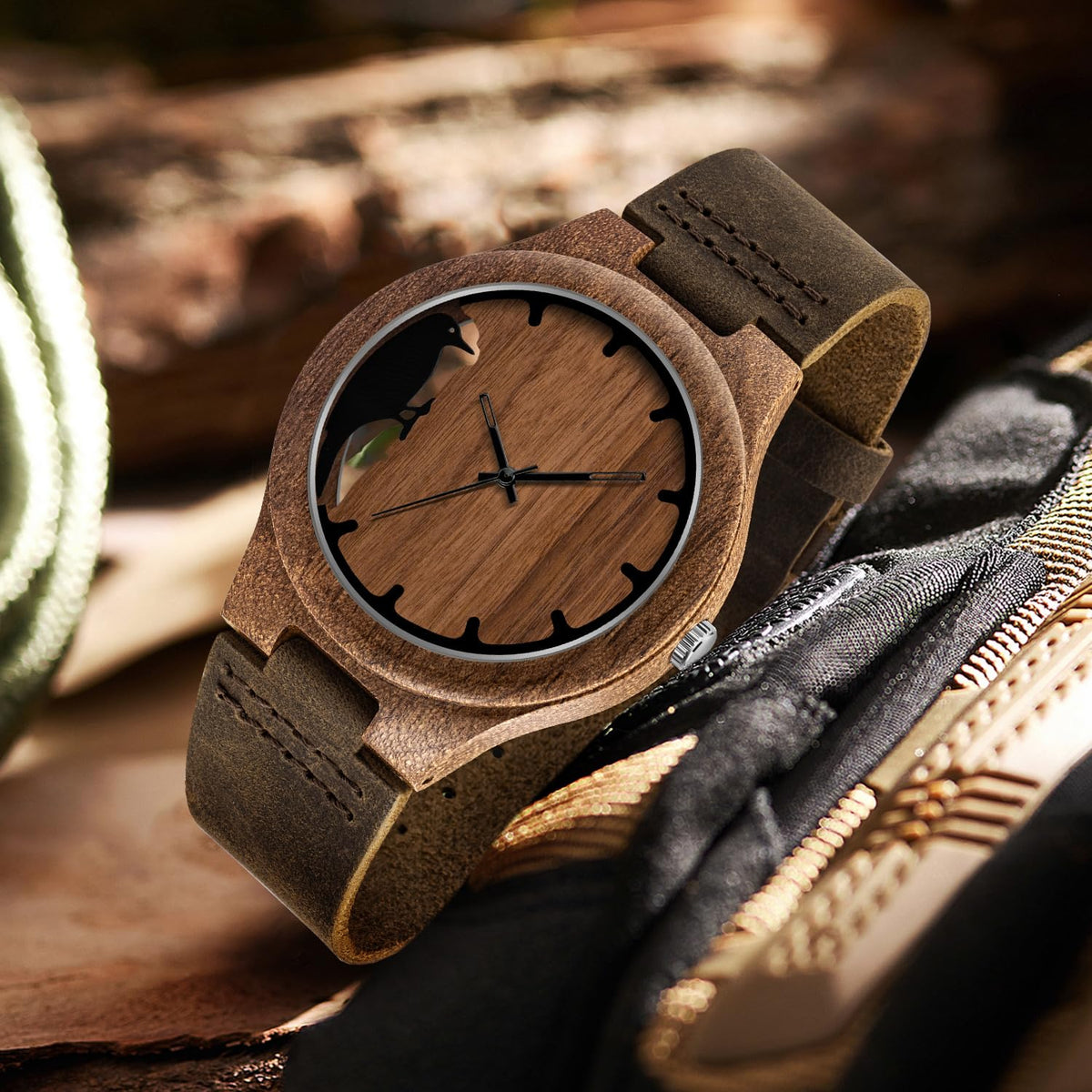 Timever Wooden Watches for Men Handmade Unique Design with Leather Strap, Analog Quartz Mens Watch, Gift for Men