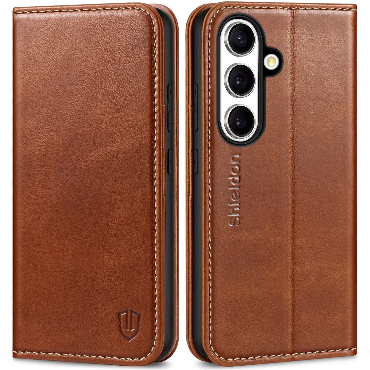 SHIELDON Genuine Leather Wallet Case for Galaxy S25 6.2" 2025, Retro Brown
