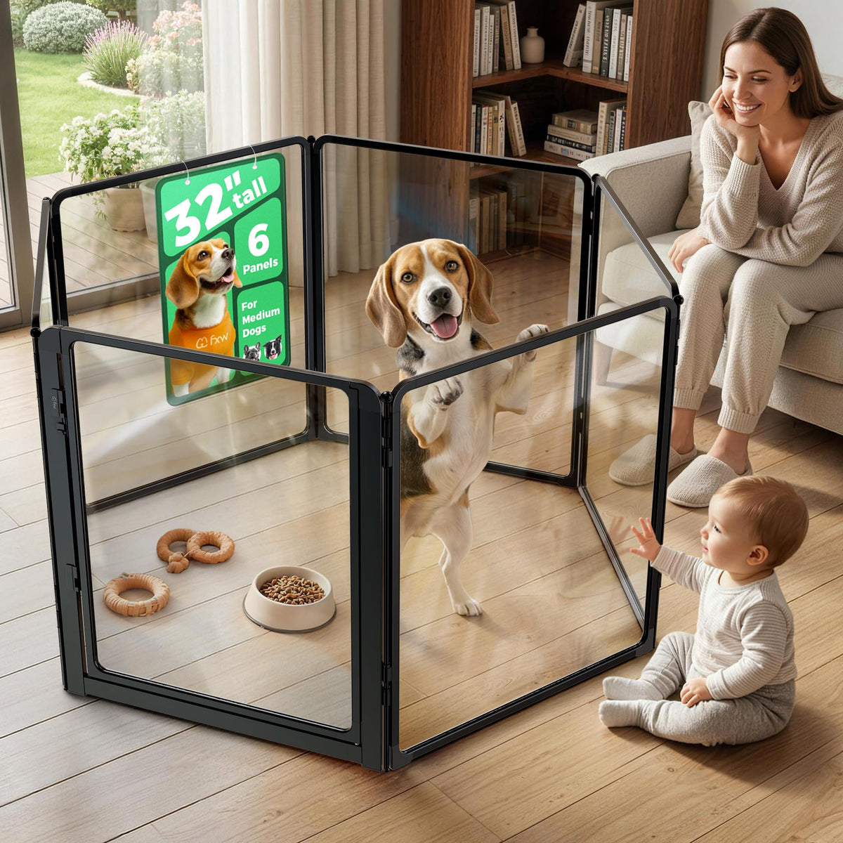 FXW AuraSpace Pro Acrylic Indoor Dog Playpen, Heavy-Duty with Metal Frame, 32" Height 6 Panels for Small and Medium Dogs, Black│Patented