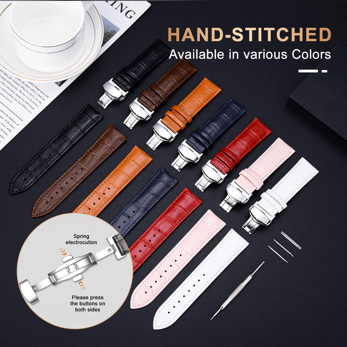 EREBUSE Genuine Leather Watch Strap 18mm 20mm 22mm, Classic Replacement Watch Band for Men Women, Soft Padded Cowhide with Silver Butterfly Deployment Clasp
