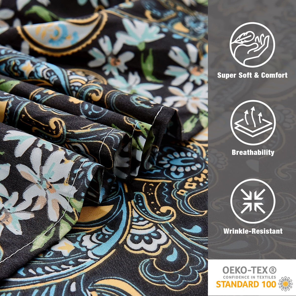 JSD Black Paisley Floral Printed Sheet Set King Size 6 Piece, Soft Pattern Microfiber Bed Sheets Extra Deep Pocket