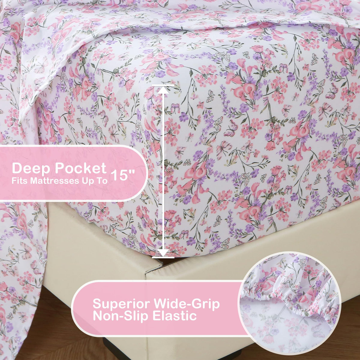 Mooreeke Cozy Vintage Microfiber Printed Full Sheet Set - Soft Breathable Percale Cotton Floral Bed Sheets with Deep Pocket - Non-Slip Fitted Design - Pink Purple Flowers Pattern