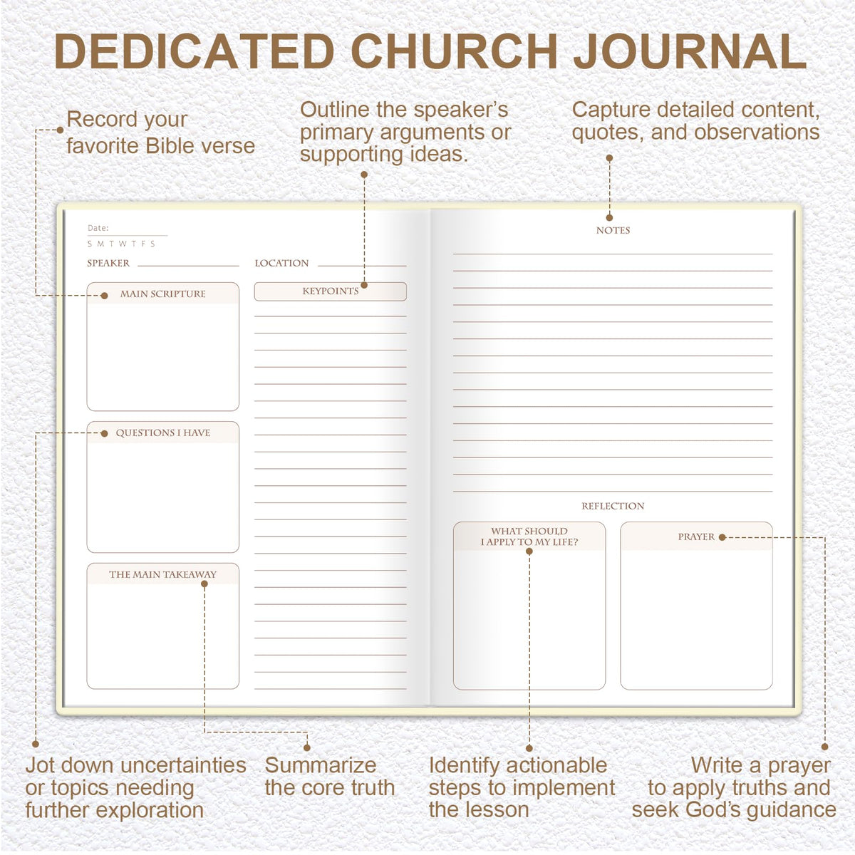 XKDOUS Church Notes Journal, Sermon Notes Christian Notebook, Linen Bible Study Journal, Prayer Journals, Blank Notebook to Writing Key Points and Notes, Christian Gifts for Women Men, Beige