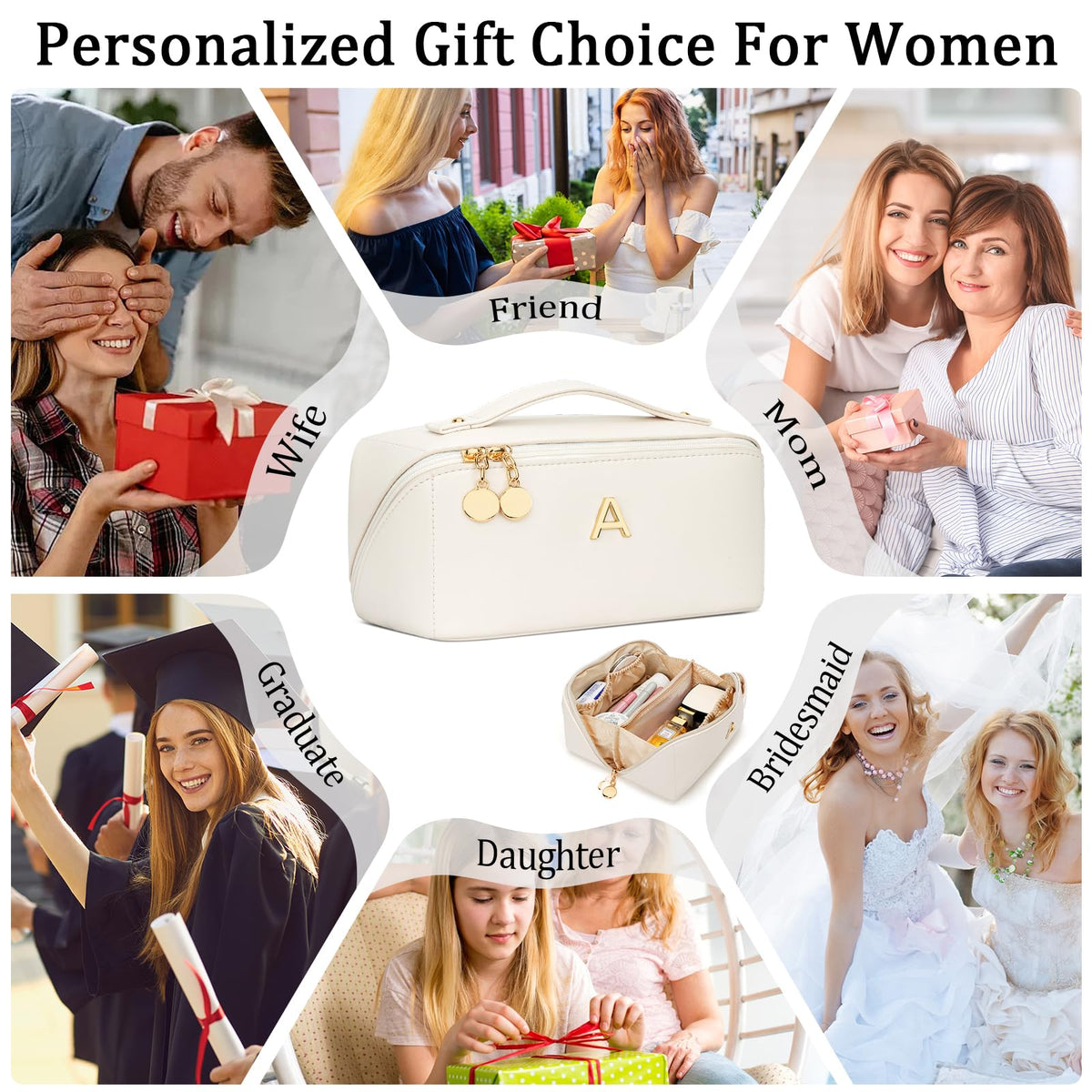 CLOUDWINGS Initial Makeup Bag Gifts for Women Bridesmaid Gifts Travel Toiletry Personalized PU Leather Waterproof Cosmetic Bag (Medium-Beige-A)