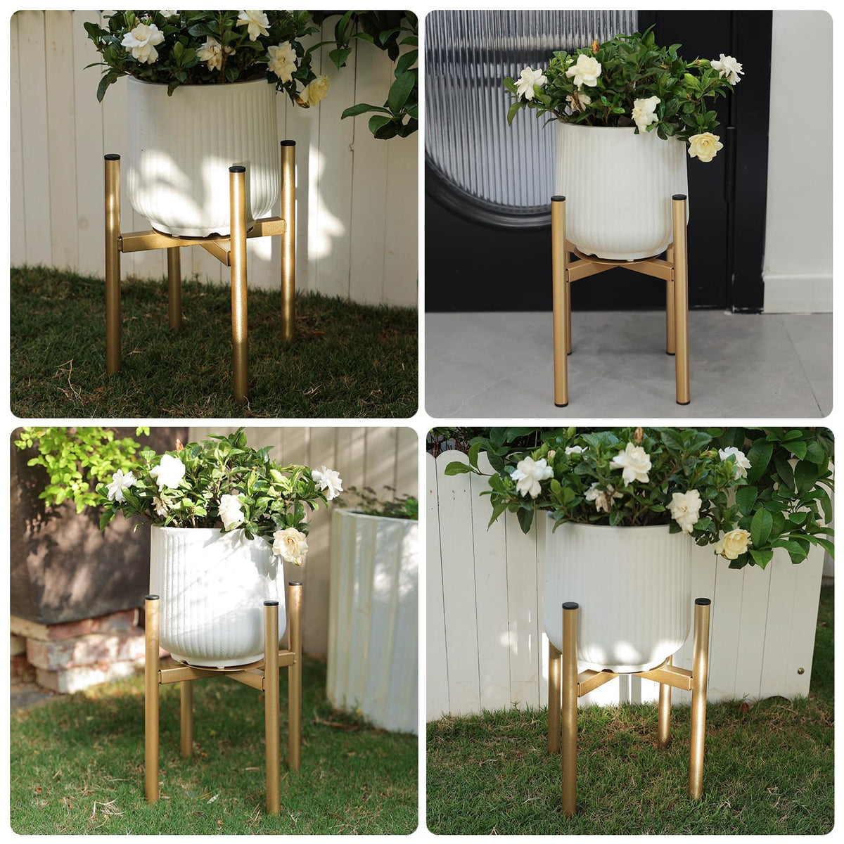 Rioneta Adjustable Metal Plant Stand Indoor, 8 to 14 Inch Pots Mid Century Modern Outdoor Planter Holder,Heavy Duty 160 LB Load, Corner Floor Small Stand for Home Garden Decor Golden