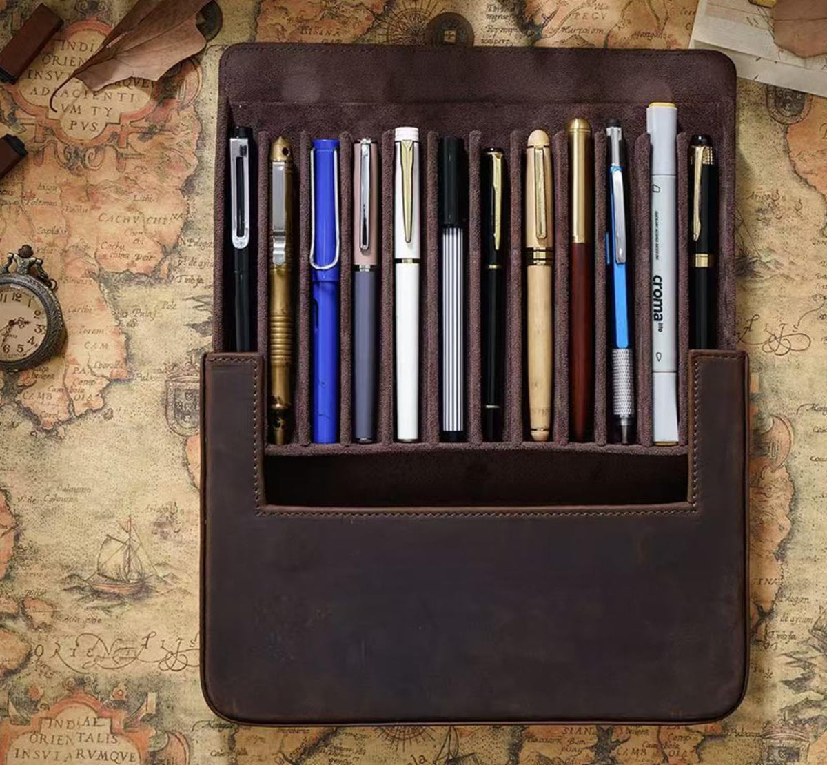 UPRESYE Leather Fountain Pen Case Collector Organizer, Pencil Case Handmade Pen Protective Sleeve (Magnetic 12 slots)