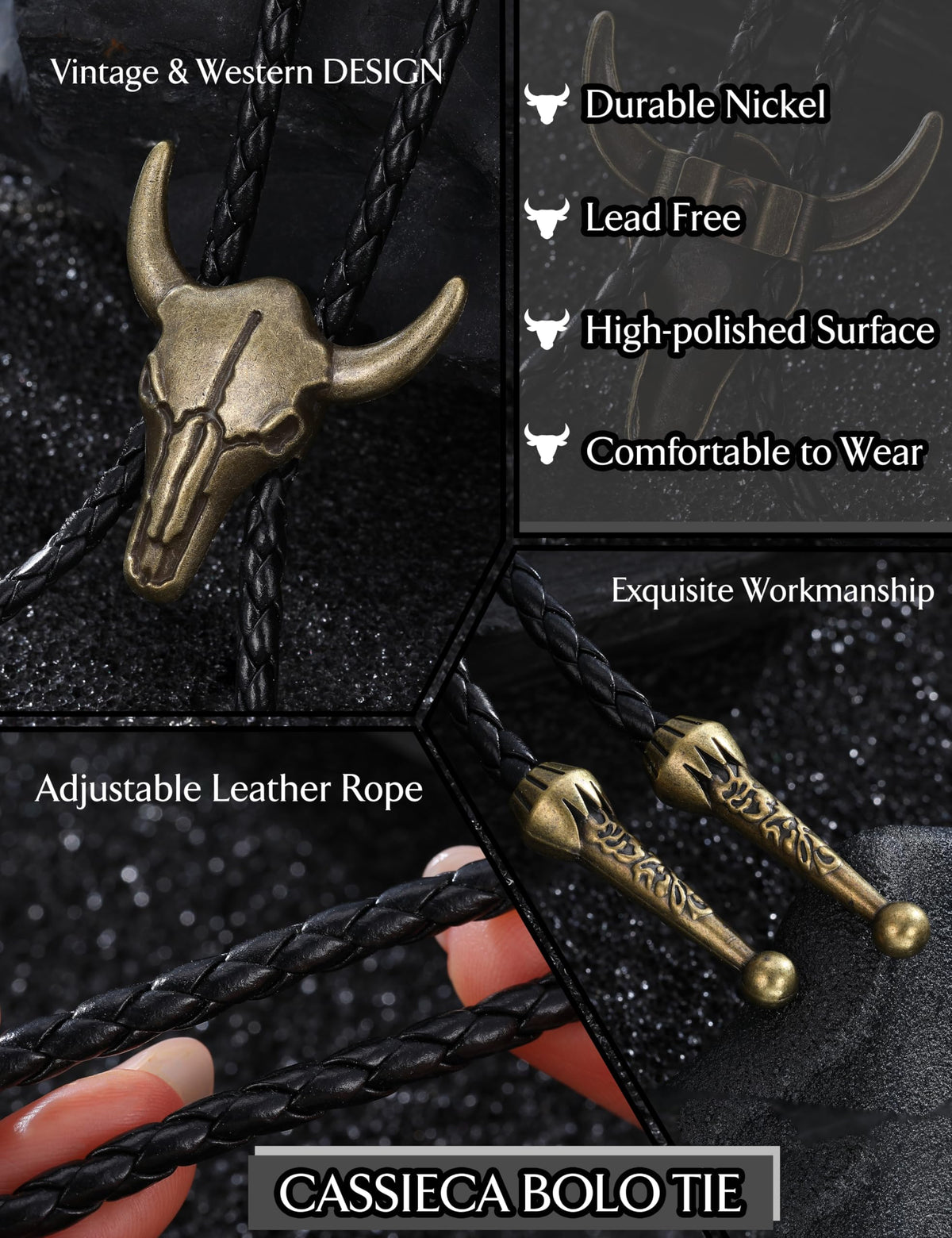 CASSIECA 4Pcs Handmade Bolo Tie for Men Western Cowboy Leather Necktie Halloween Costume Accessories for Men Women