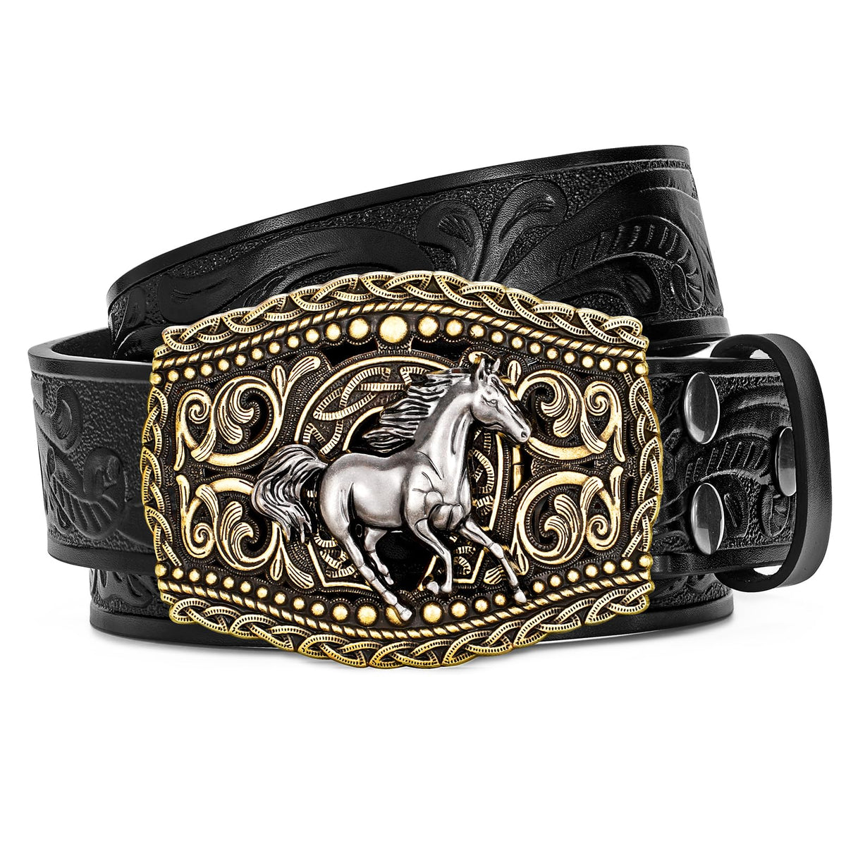 LALATCH Western Cowboy Belts Western Belts for Women Men Cowgirl Cowboy Belt Buckles Leather Cowboy Belt for Men Rodeo Outfit, Gold Horse/Black Belt
