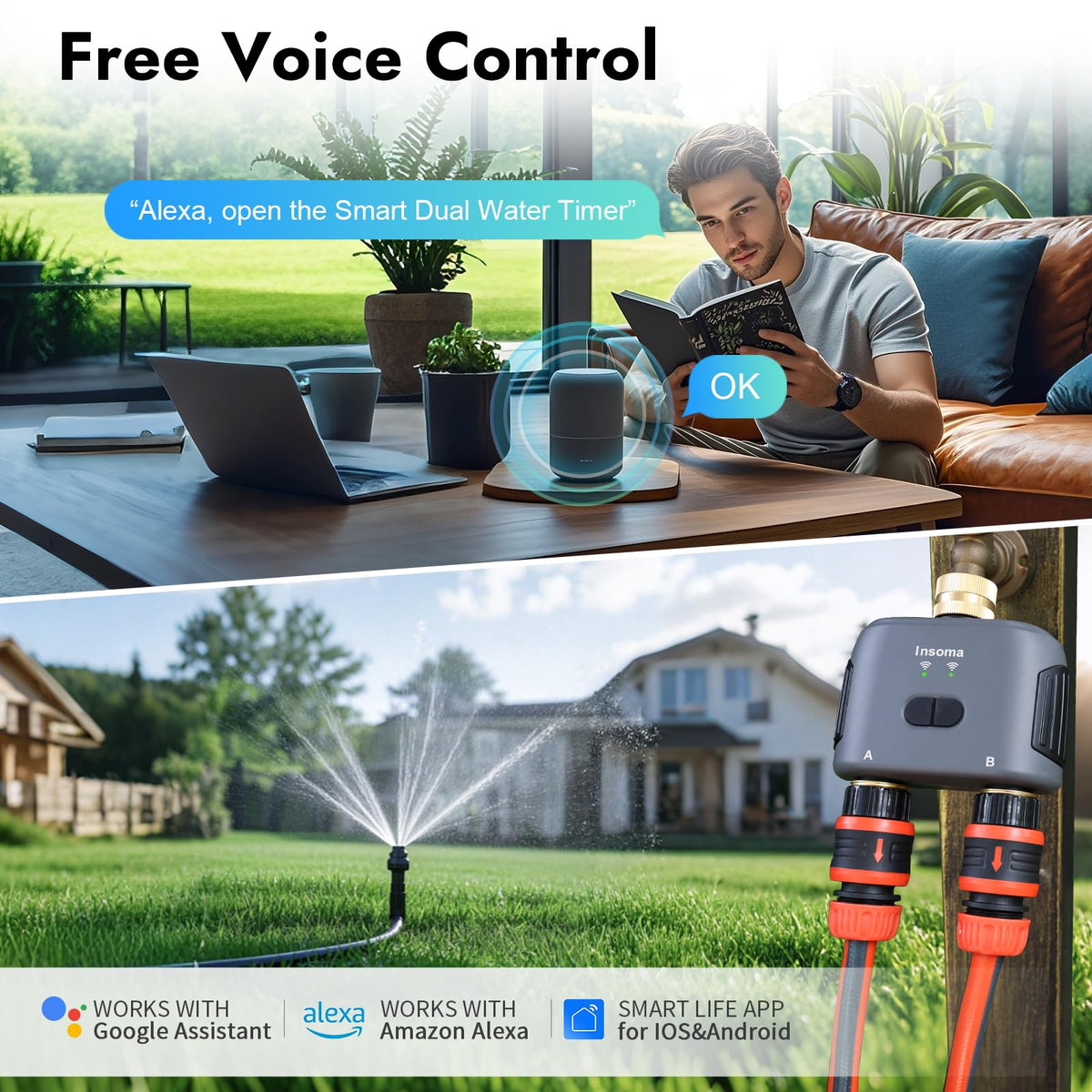 WiFi Water Timer for Garden Hose with Brass Inlet & Outlet,Smart Hose Timer with WiFi Hub, APP & Voice Control,Up to 20 Watering Plans, 2-Zone Sprinkler Drip Irrigation System Controller for Watering