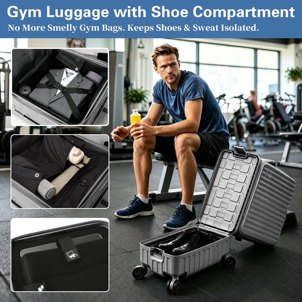 Solaraft Carry On Luggage with Shoe Compartment, 22x14x9 Airline Approved Lightweight Duffle Suitcase Wet Dry Separation, 20 Inch Spinner for Gym Swim Beach Weekend Sports Travel Men Women (Grey)