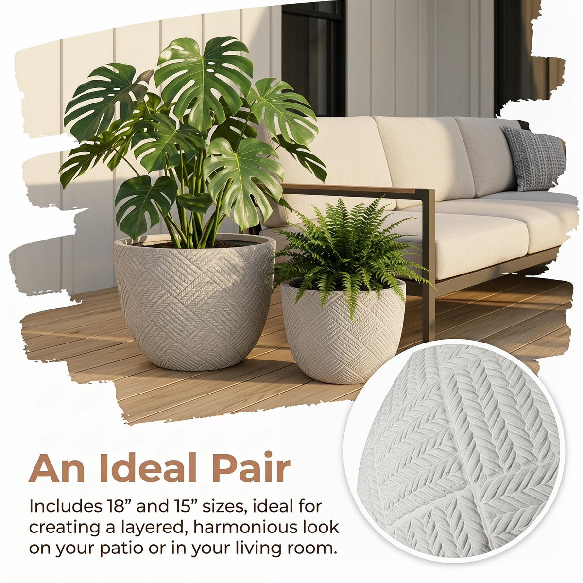 Set of 2 Large Oxide Magnesium Concrete Planters (15" & 18") - Round Grey Rustic Flower Pots with Drainage Holes, Handcrafted Outdoor Indoor Plant Containers for Patio, Front Porch, Garden Decor