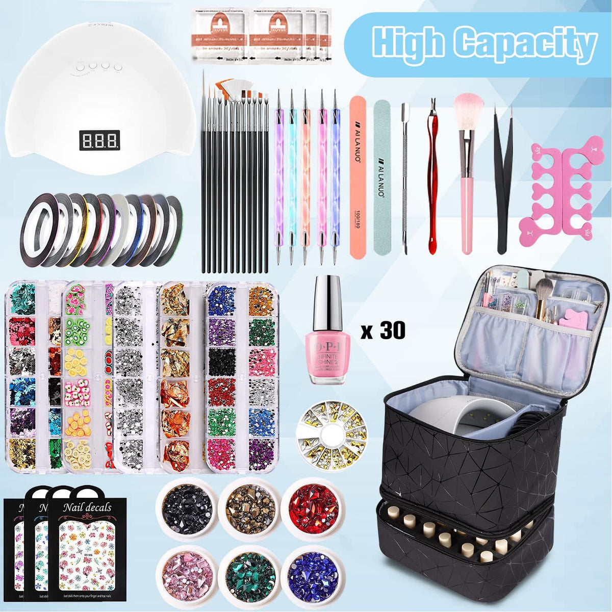 CTWWFS PU Leather Nail Polish Organizer and Nail Lamp Case, Nail Kit Organizer Holds 30+ Bottles (15ml - 0.5 fl.oz) and a Nail Lamp, Nail Polish Carrying Case with Manicure Tools Storage Sections
