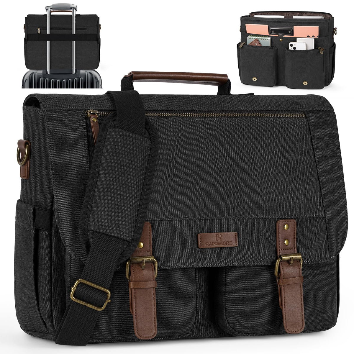 RAINSMORE Messenger Bag for Men 15.6-17.3 Inch Laptop Bag Water-resistant Canvas Briefcase Large Computer Satchel Shoulder Bag for Work College Travel, Black