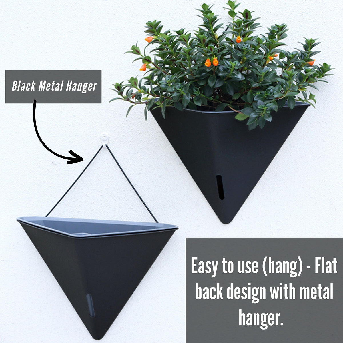LaLaGreen Bundle - 12" x 2 Pack Black + 12" x 4 Pack White Large Self Watering Geometric Hanging Flower Vase Vessel with Metal Hanger, Modern Stylish Wall Mounted Succulent Pot Holder Decor