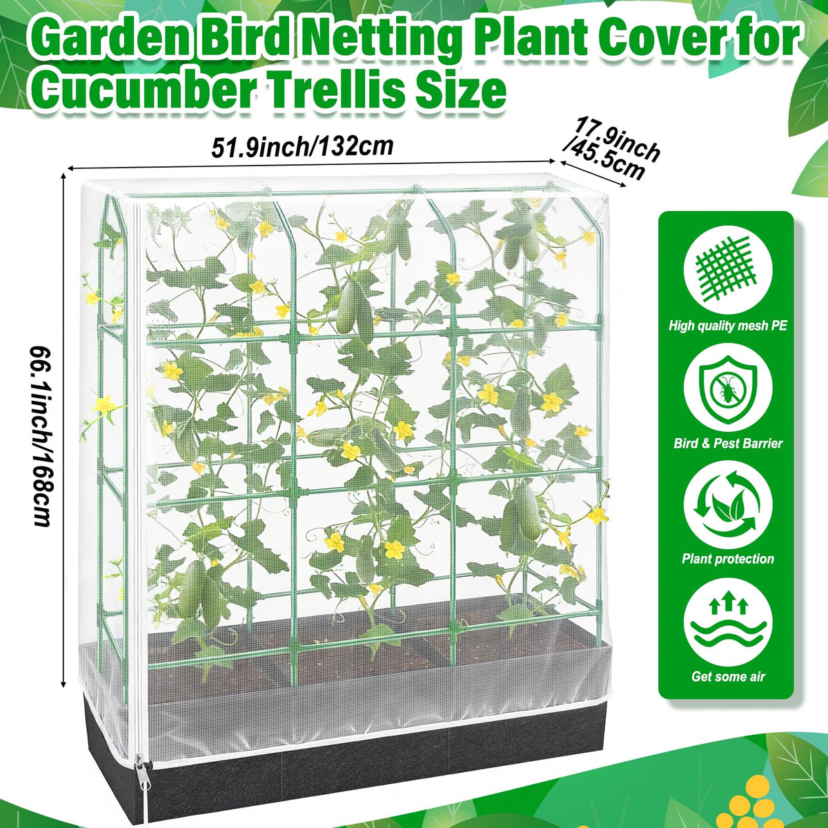 Garden Bird Netting Plant Cover for Cucumber Trellis, 52" x18''x66'' Insect Bird Barrier Garden Trellis Net with Zipper & Drawstring, Cucumber Trellis Netting Protection Cover for Protecting Plants