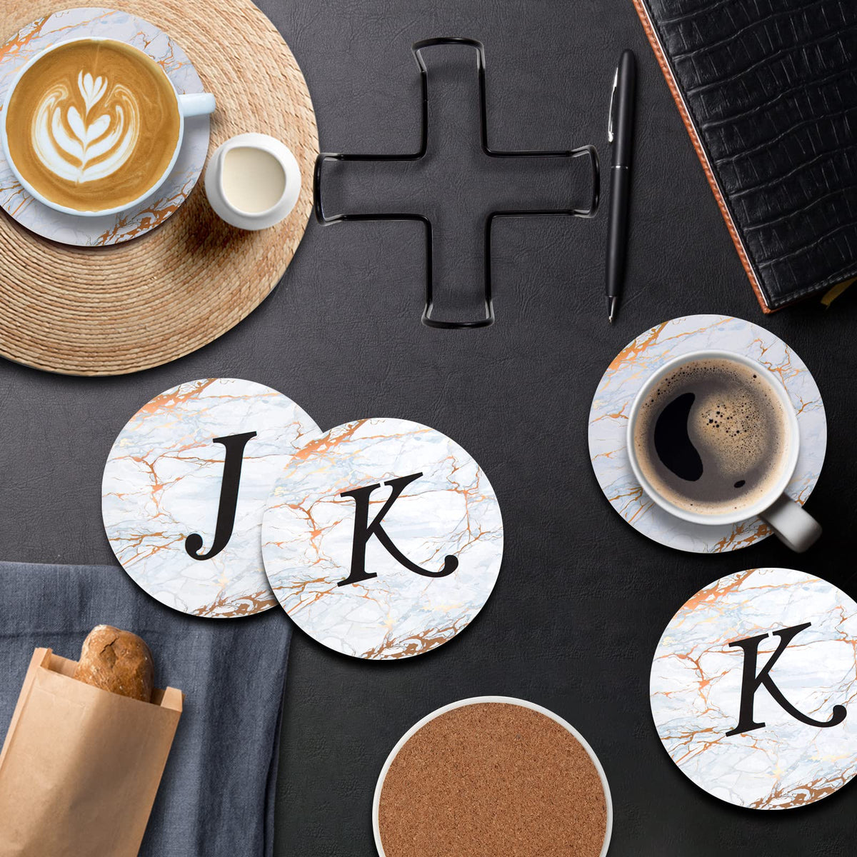 Monogrammed Coasters for Drinks Absorbents with Holder, Set of 6 Ceramic Marble Style Drink Coaster with Cork Base,Personalized Coasters Customizable with Name, Housewarming Gifts