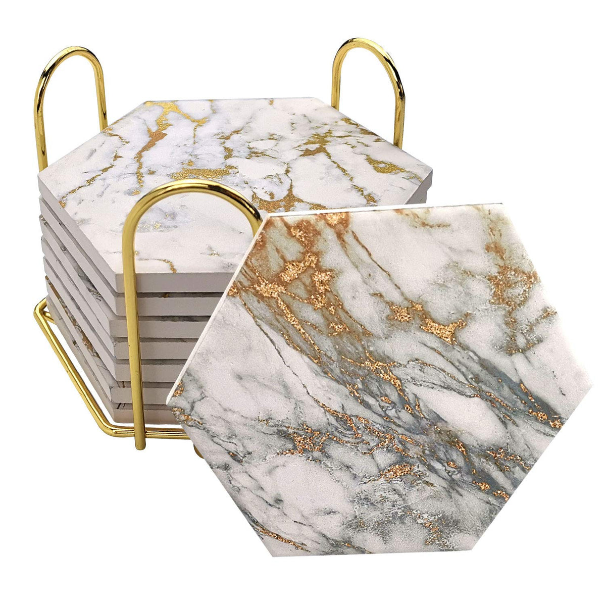 Coasters Set of 8 with Metal Holder Stand, Marble Design Ceramic Coaster Set, Cork Base, Gold Home Decor for Tabletop Protection, Gold Decor, Bar Cart Accessories (Golden)
