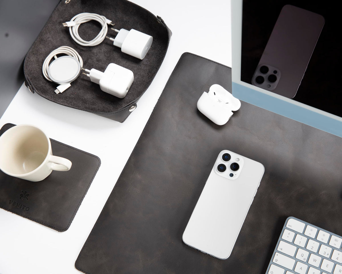 VENITO Leather 3-in-1 Desk Mat Set – Desk Mat (32"x16"), Organizer Tray & Cup Coaster – Full-Grain Leather Desk Pad for Office & Home – Elegant Workspace Accessories for Men & Women, Asphalt