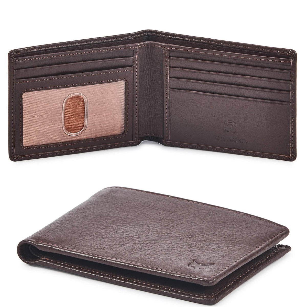 Real Leather Mens Bifold Wallet RFID Blocking Slim Minimalist Front Pocket - Thin & Stylish with ID Window in Gift Box (Nappa, Chocolate)