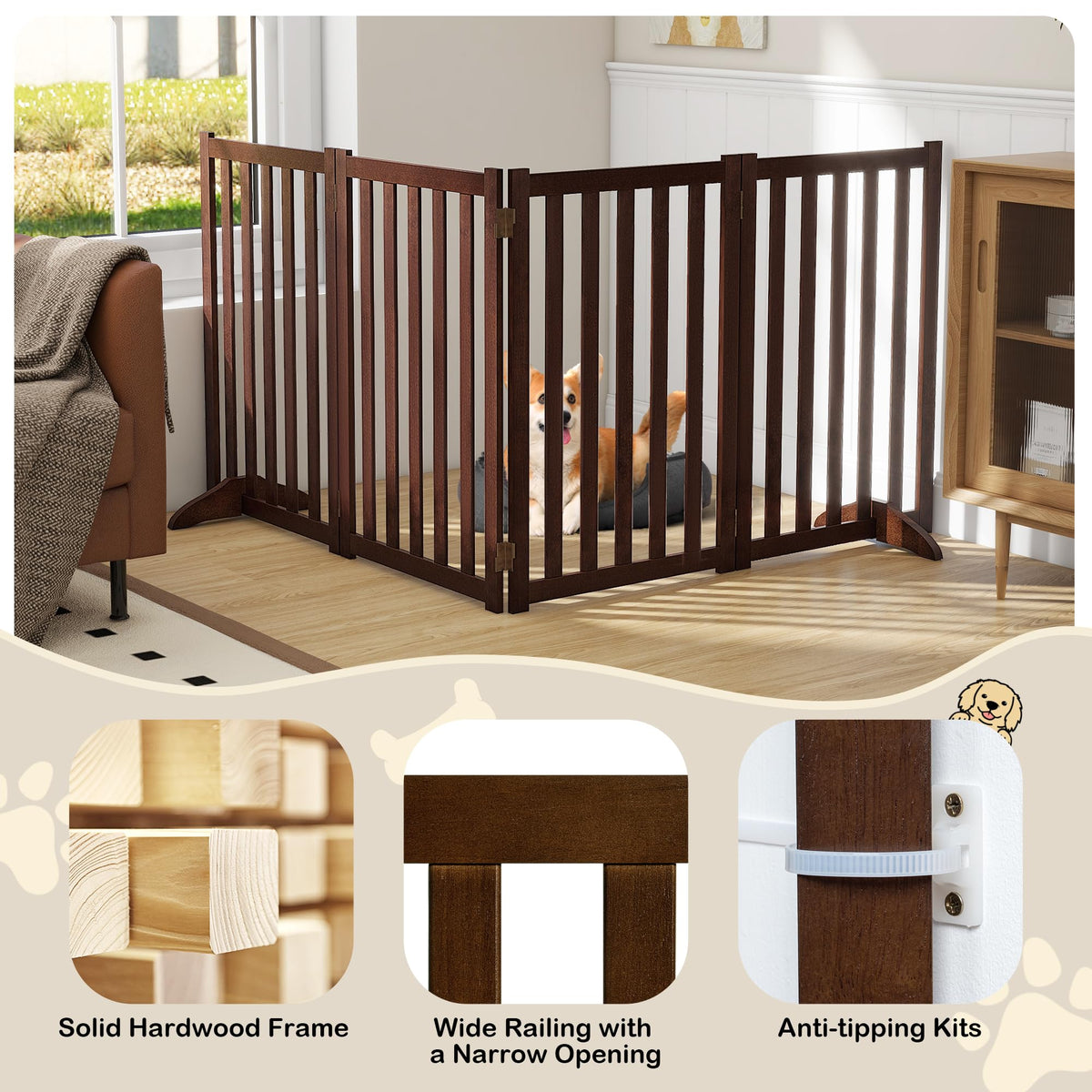 30" Height Tall Freestanding Pet Gate, Solid Wood Folding Safety Fence Wooden Dog Gate with 2 PCs Support Feet Ideal for Stairs, Doorways, Halls, Kitchens, Heavy Duty Gates, 4 Panels, Walnut
