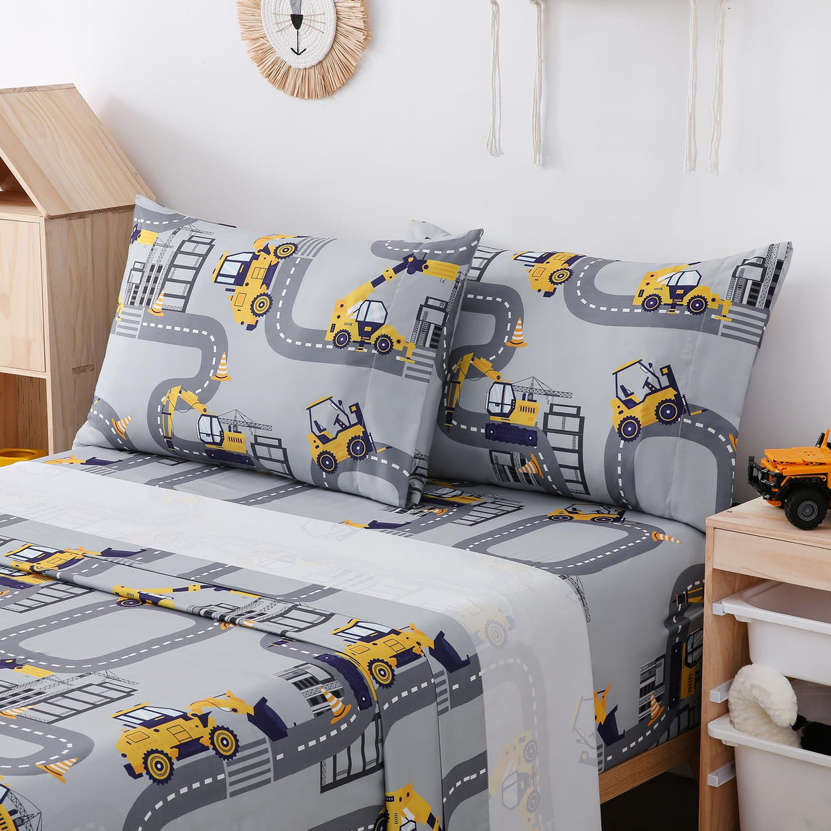Yibeizi Full Size Sheets Set Kids, Grey Truck Pattern Microfiber Double Bed Sheets, Cute Soft Oeko-Tex Extra Deep Pocket Sheets & Pillowcases Cooling Hypoallergenic Wrinkle Free Bedsheets