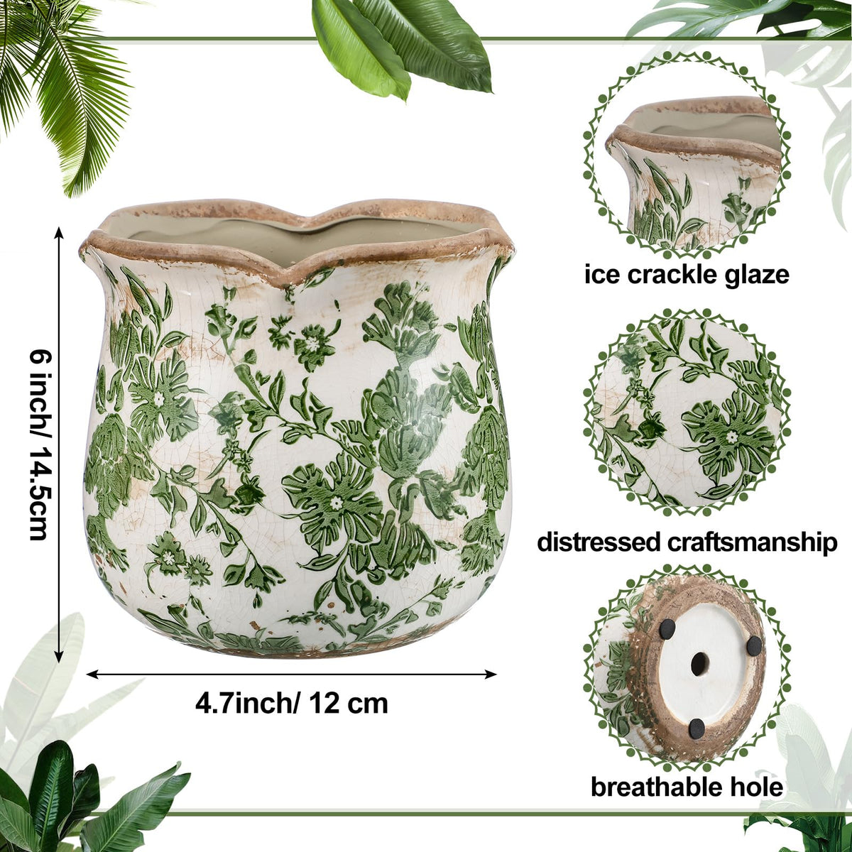Newtay 6 Inch Ceramic Planter Green Scroll Planter Decorative Plant Pots with Crackle Glaze for Home Garden Kitchen
