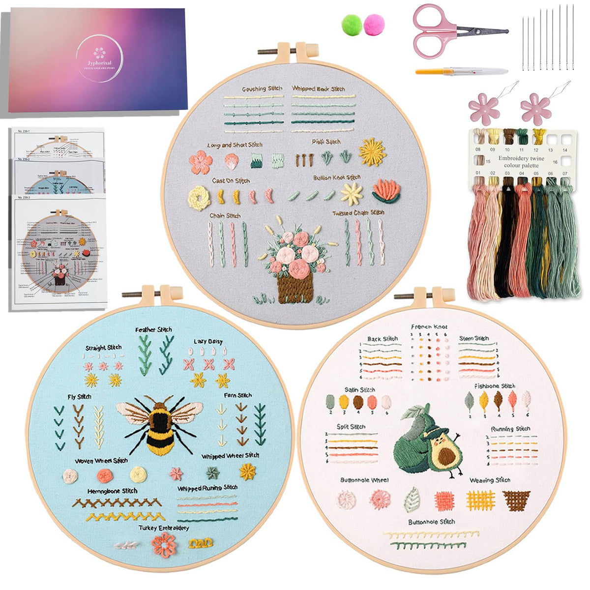 Jyphorixal Embroidery Kit for Beginners Adults Cross Stitch Starter Kit Needle Point Supplies 33 Basic Stitches in 3 Set, DIY Craft Lover Starter Hand Stitch (Flower)
