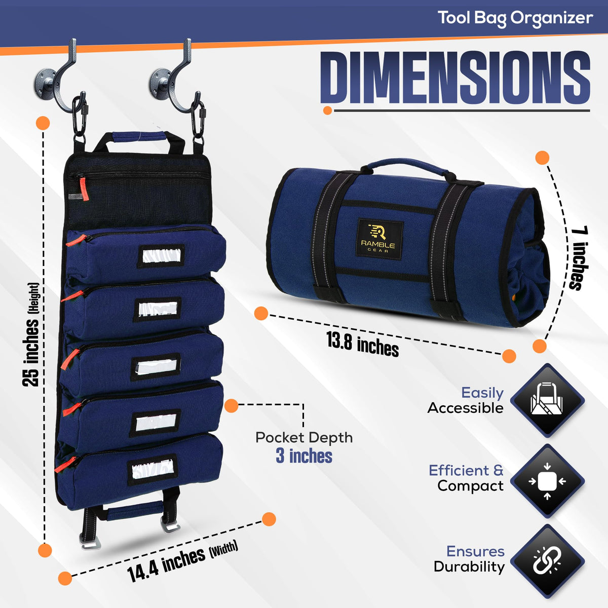 Ramble Gear Roll Up Tool Bag Organizer – Heavy Duty Canvas Tool Roll Bag, Tool Roll Up with 5 Oversized Labeled Pockets & Carabiners, Portable Roll Up Tool Organizer for Mechanic, Truck & Car (Blue)