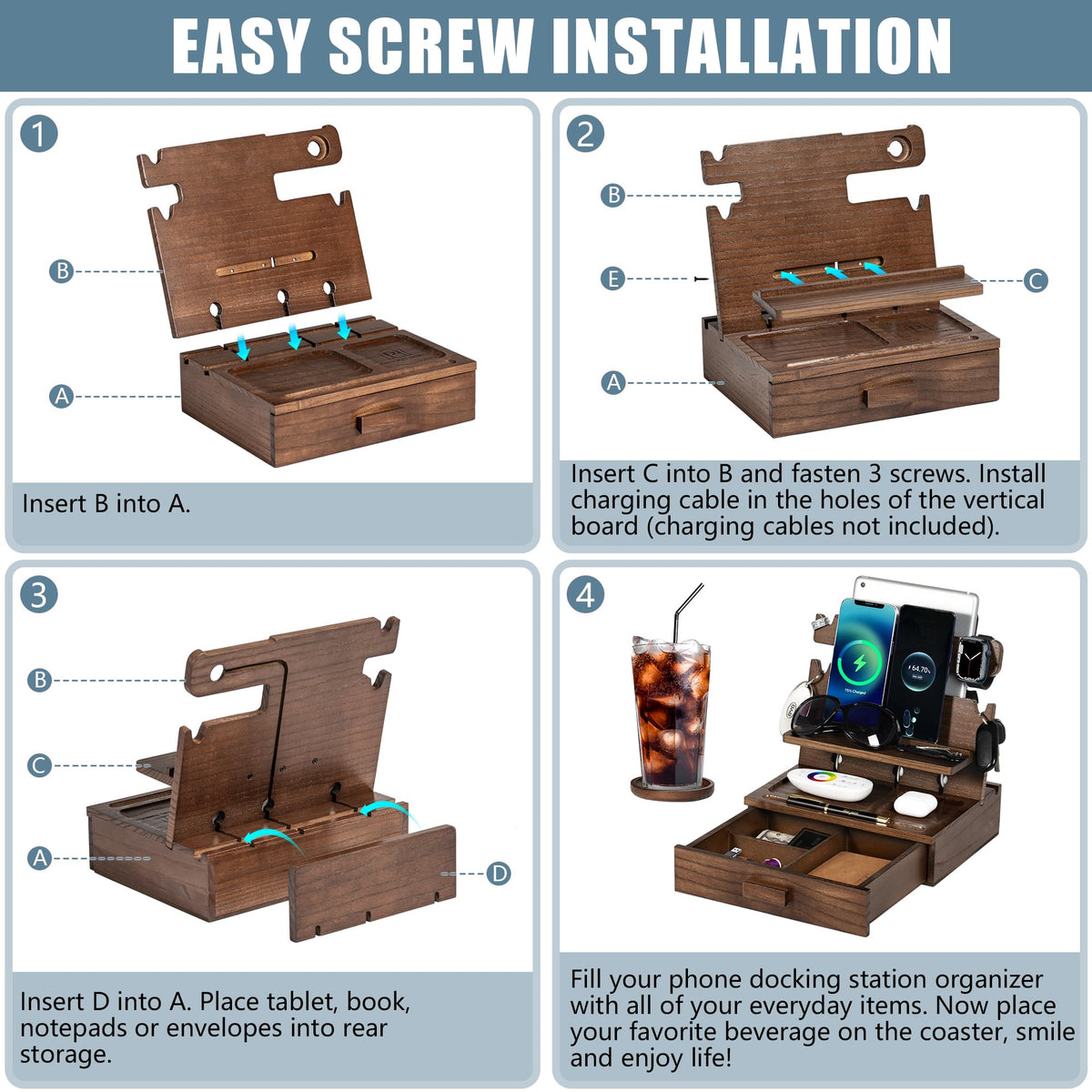 Wood Phone Docking Station for up to 3 Phones - Nightstand Organizer with Drawer for Valuables for Men & Women, Compatible with Apple Watch, Holds Phones, Tablets, Keys, Rings, Glasses, Watches & EDC