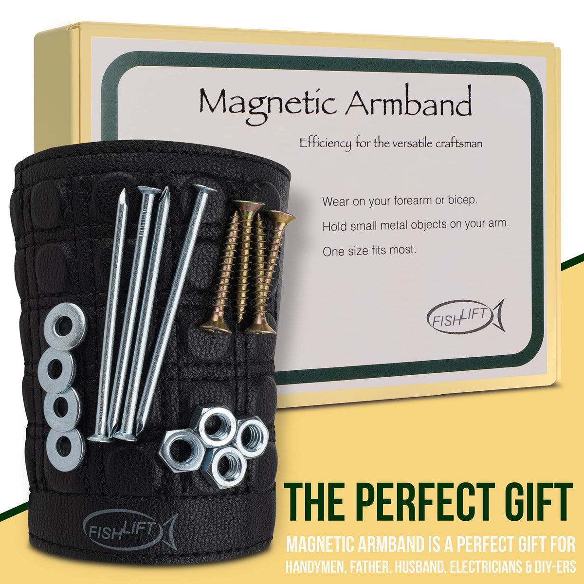 The Fishlift Magnetic Armband- Toolbelt for Your Arm with 25 Powerful Magnets, Stretchable Fabric and Real Leather - Hold Screws, Bits, and Nails.