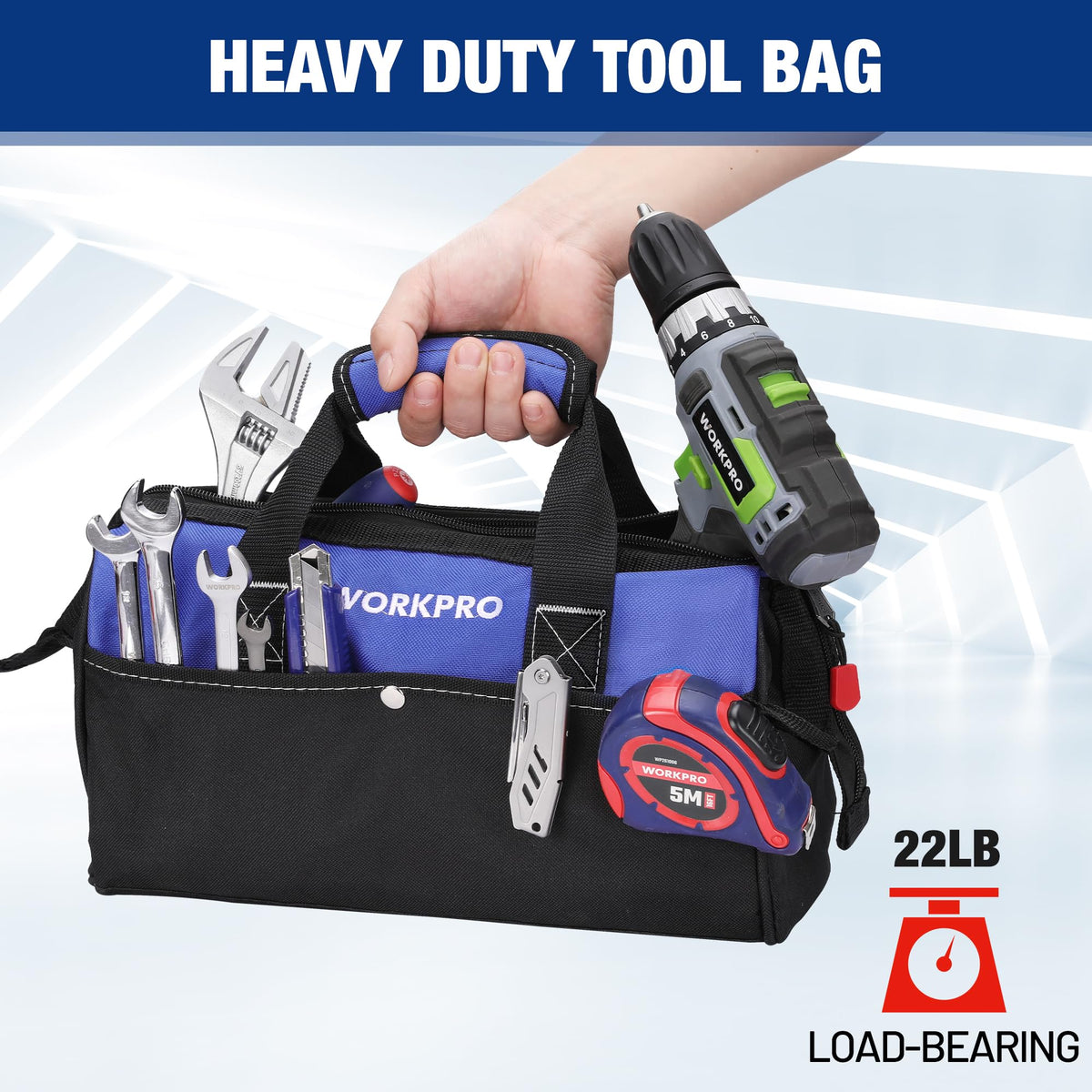 WORKPRO 13-inch Tool Bag, Wide Mouth Tool Tote Bag with Inside Pockets for Tool Storage